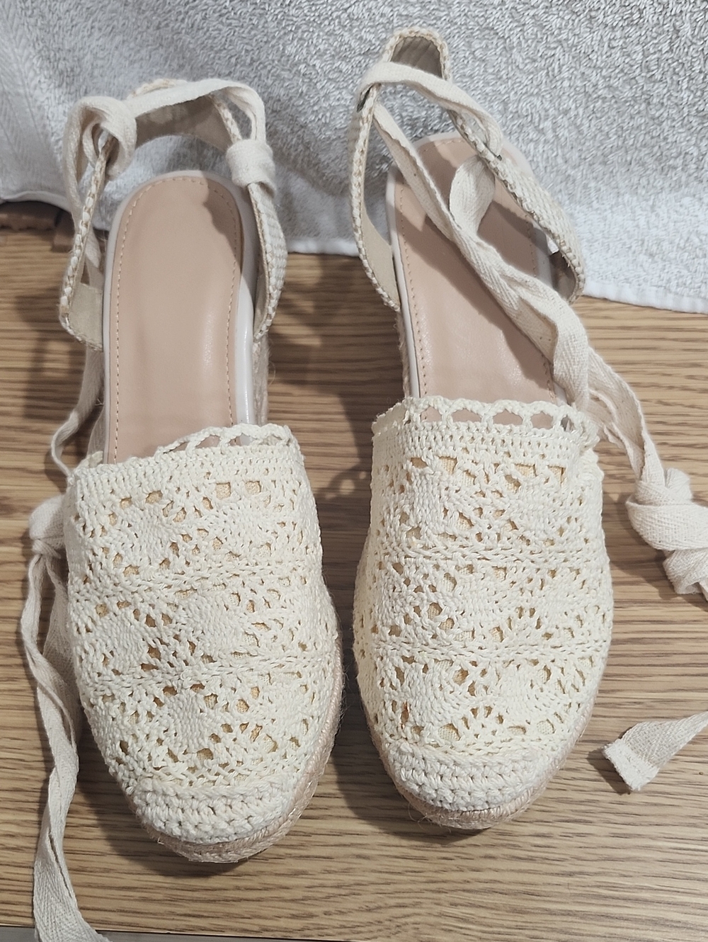Crochet Espadrille Wedge Sandals - Cream